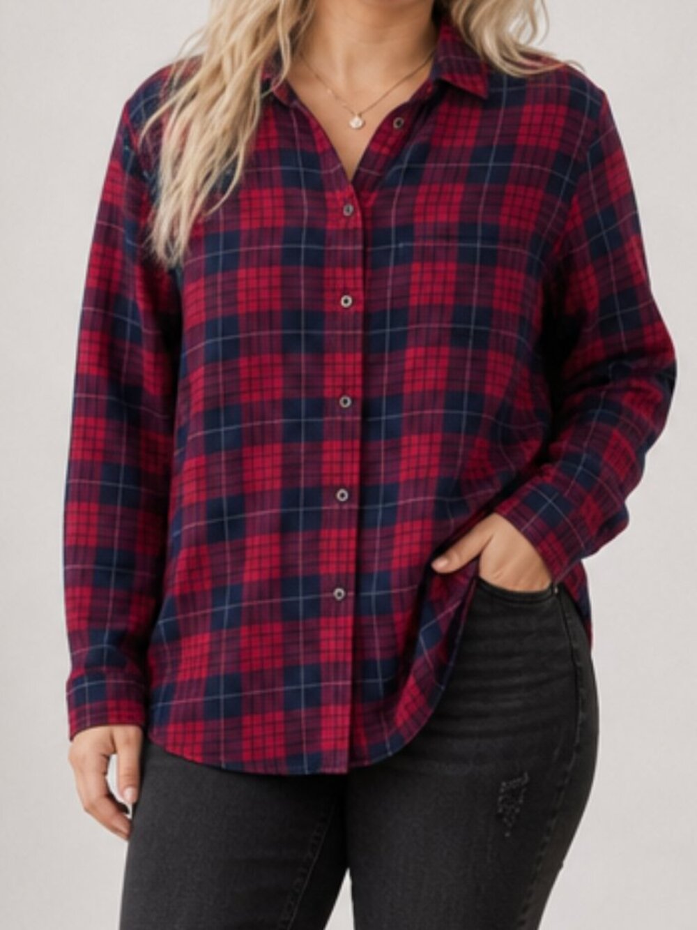 Madewell Casual Tartan Plaid XS Oversized Button Down Long Sleeve Top Red Blue